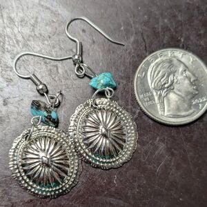 Silver-Tone Concho Drop Earrings with Turquoise Accent